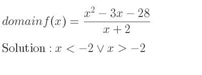 The domain of f(x)=(x^2-3x-28)/(x+2) is x<-2\lor x>-2
